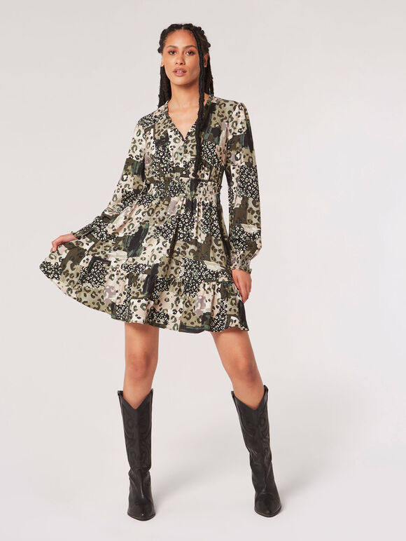 Mini-robe à imprimé patchwork, Kaki, large