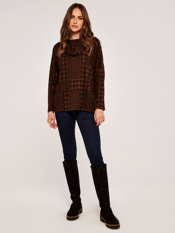 Patchwork Dogtooth Cowl Neck Top, Rust, large