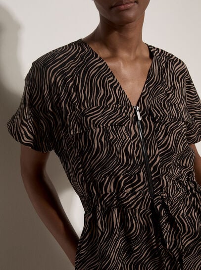 Zebra Print Zip-Down Mini Dress