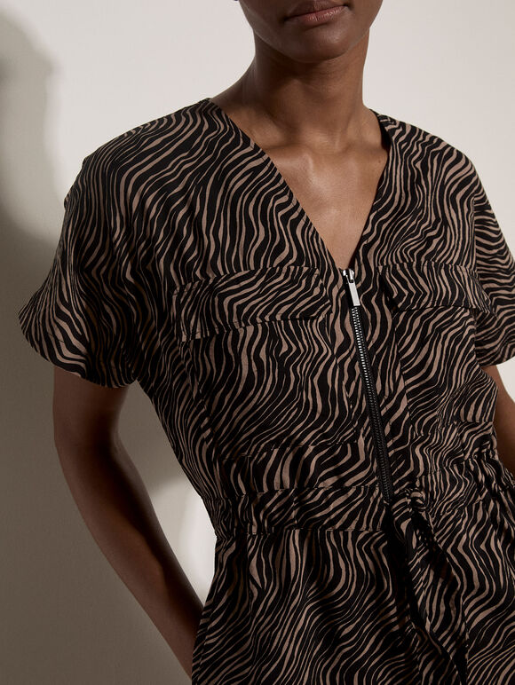 Zebra Print Zip-Down Mini Dress, Black, large