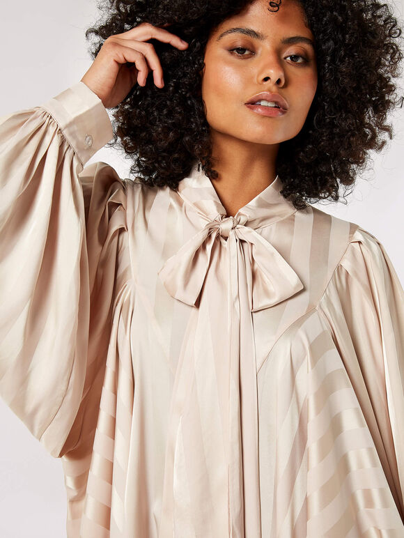 Tie-Neck Oversized Blouse, Stone, large