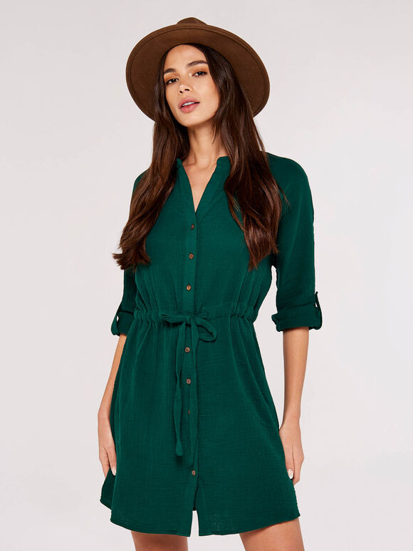 Tetra Tie Mini Shirt Dress, Green, large