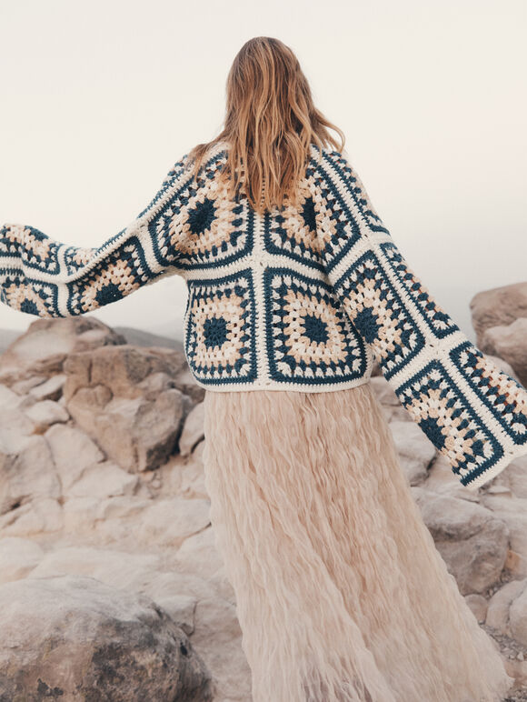 Hand-Knit Crochet Squares Cardigan, Cream, large