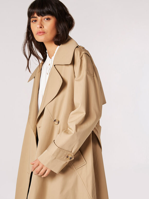 Longline Belted Trench Coat, Stone, large