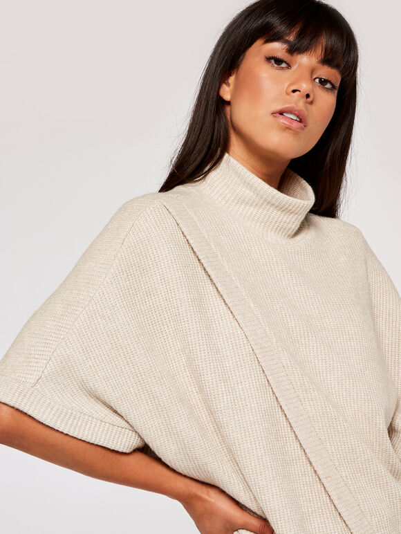 Chunky Rib Knit Wrap Cape, Stone, large