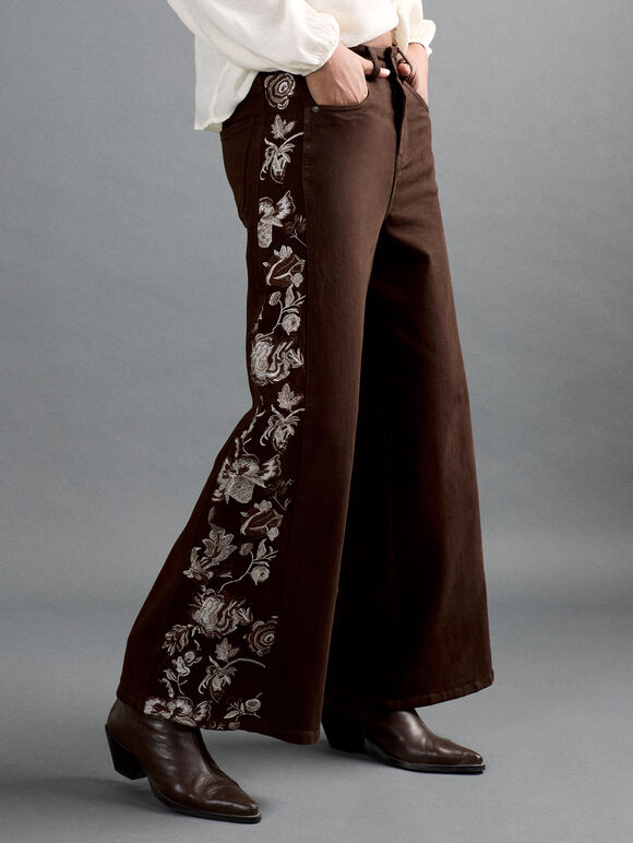 Floral Embroidered Wide-Leg Jeans, Brown, large
