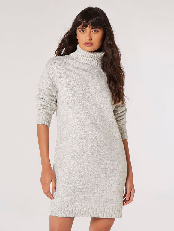 Chunky Roll Neck Jumper Mini Dress, Grey, large