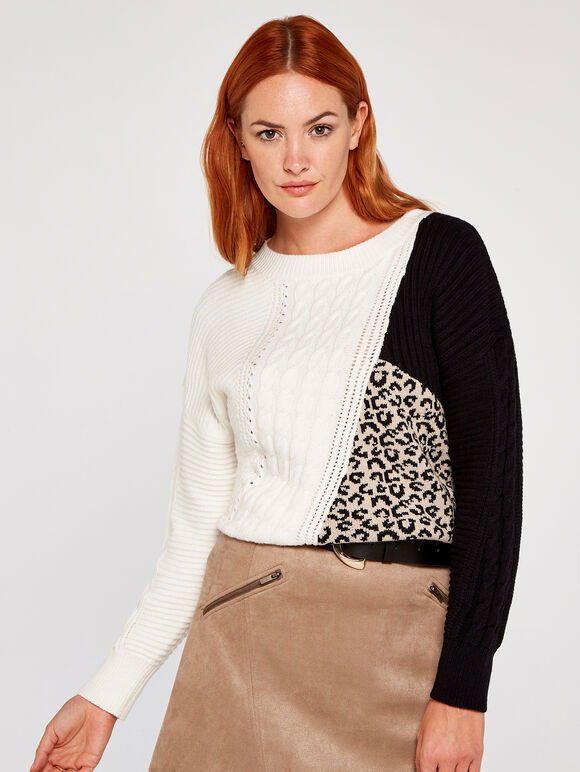 Colour Block Animal Print Jumper, Cream, large