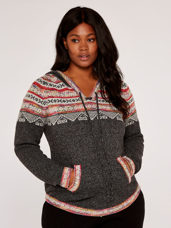 Curve Aztec Knitted Hoodie, Grey, large
