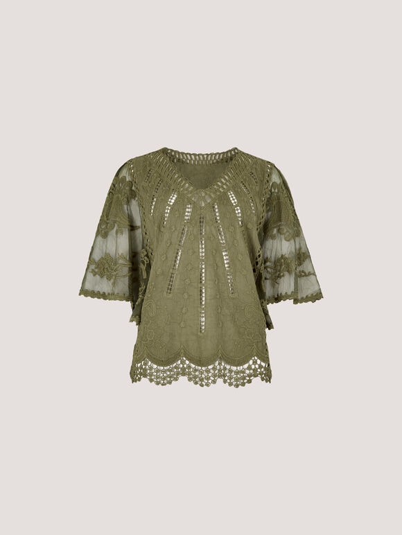 Embroidered Cotton Mesh Top, Khaki, large