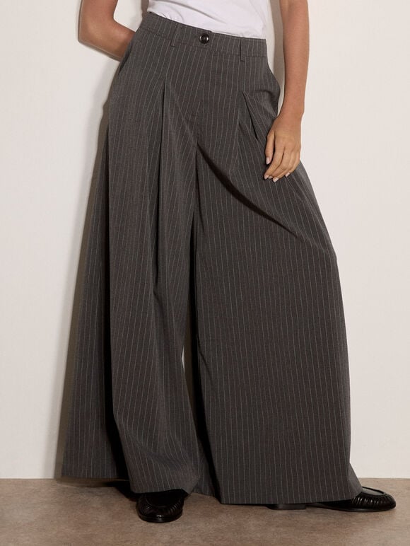 Wide-Leg Pleat Pinstripe Trousers, Grey, large