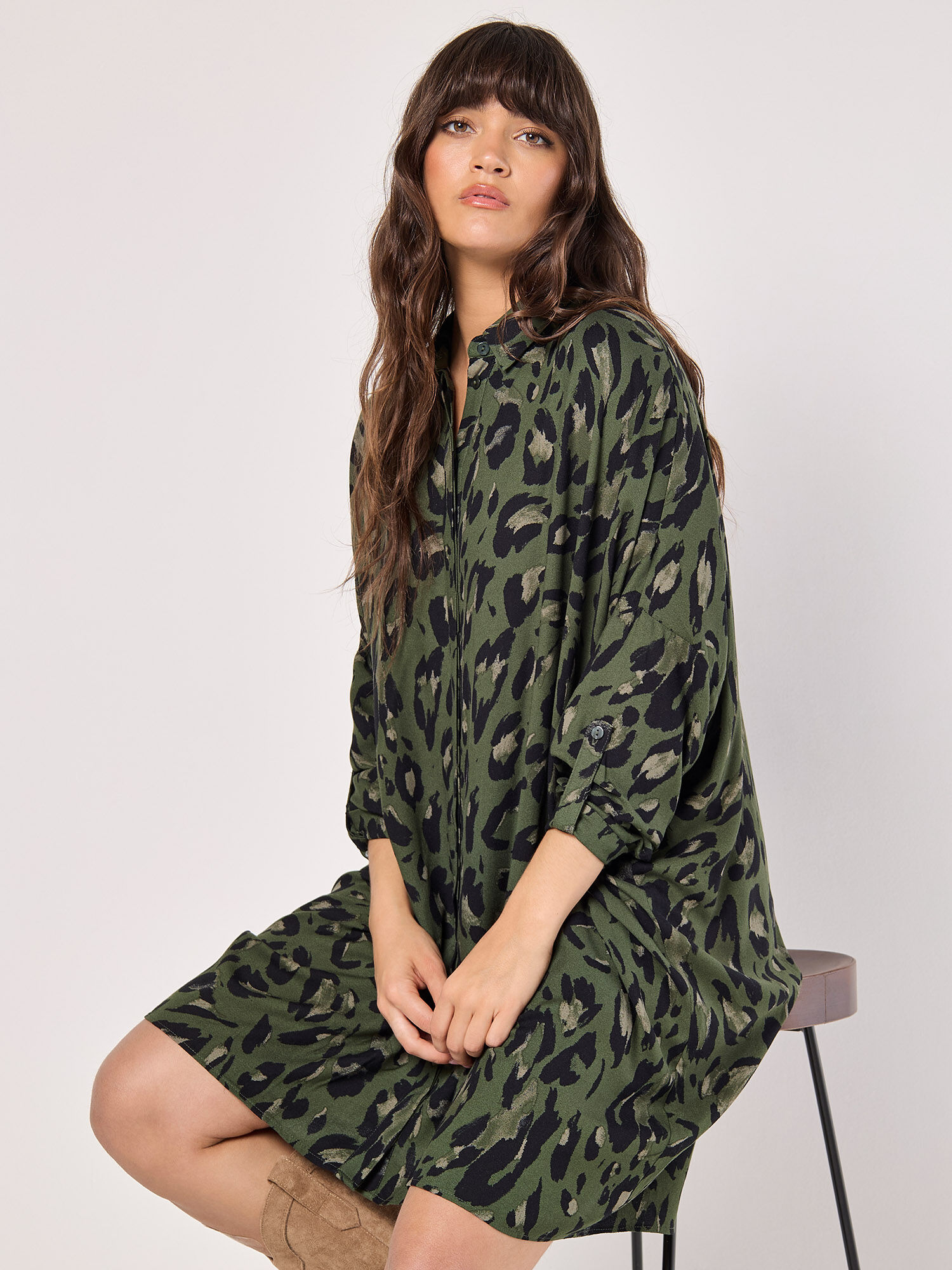 Khaki animal print shirt dress store