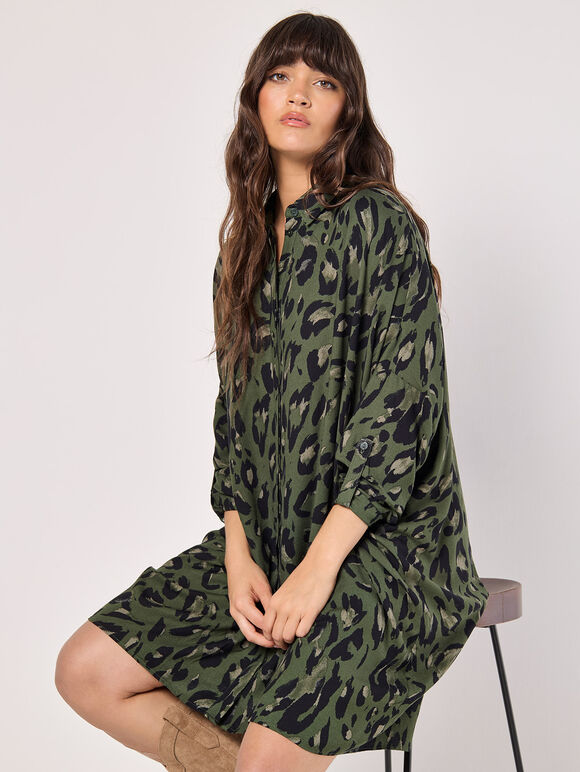 Cheetah Oversized Shirt Mini Dress, Khaki, large