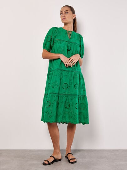 Cotton Broderie Tiered Midi Dress