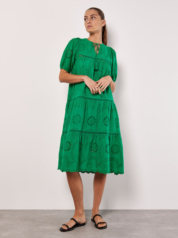 Robe midi à plusieurs niveaux en broderie de coton, Vert, grand