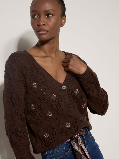 Pointelle Diamond Floral Cotton-Blend Cardigan
