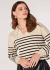 Open Collar Stripe Knit Jumper, Stone, large