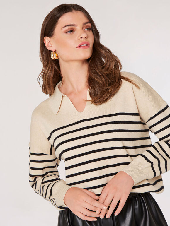 Open Collar Stripe Knit Jumper, Stone, large