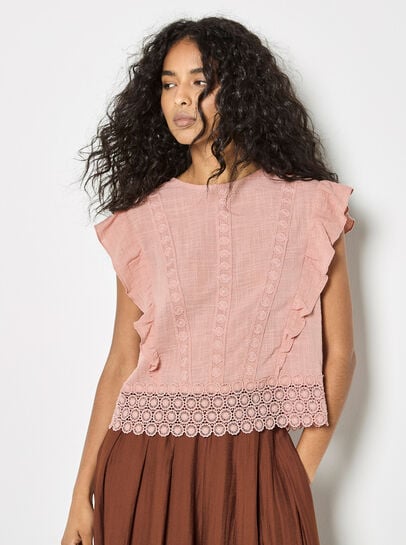 Ruffle Embroidered Cotton Top