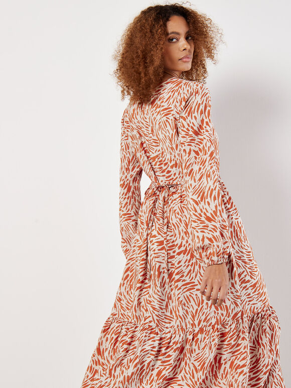 Abstract Animal Print Textured Midi Dress, Orange, large