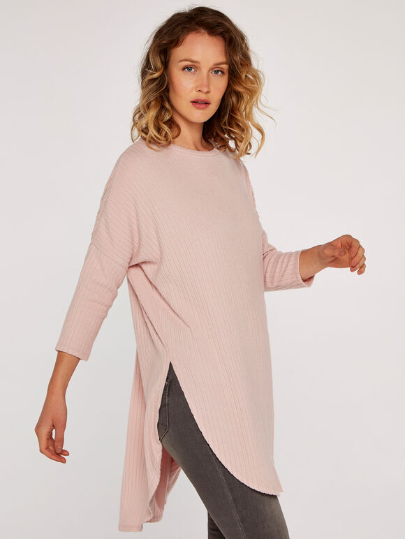 Ribbed Curved Hem Top, Pink, large