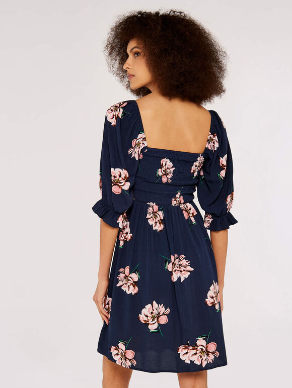 Graphic Floral Milkmaid Mini Dress, Navy, large
