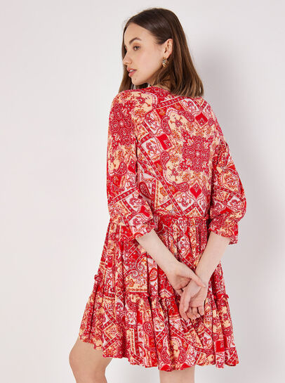 Scarf Print Tiered Mini Dress