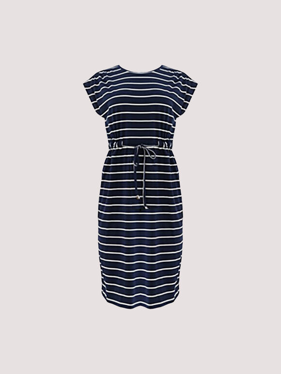 Stripe Drawstring Waist Mini Dress, Navy, large