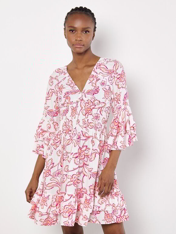 Floral Smocked Ruffle Mini Dress, Pink, large