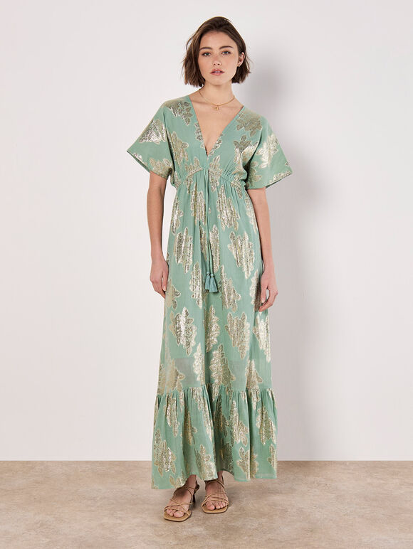 Gold Foil Floral Maxi Dress, Mint, large