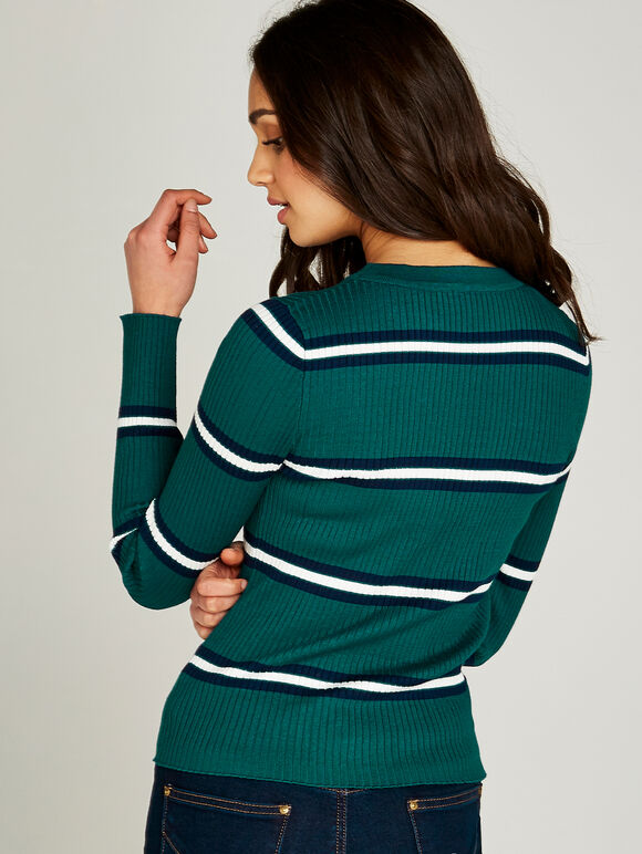 Three Stripe Crew Neck Jumper, Green, large