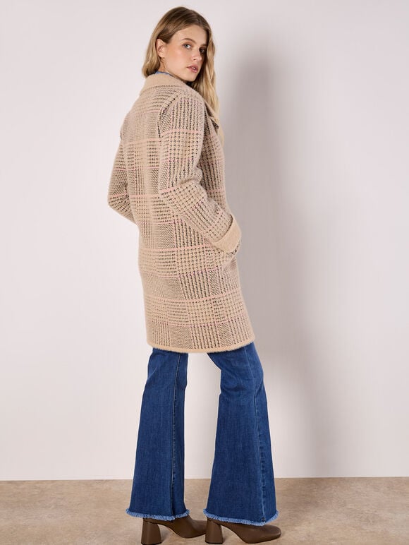 Heritage Check Fluffy Knit Coat, Stone, large