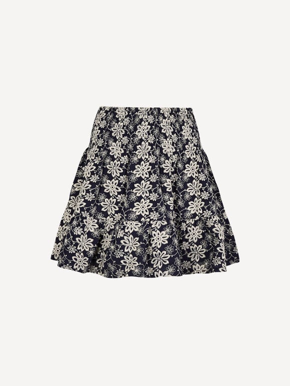 Floral Embroidered Mini Skirt, Navy, large