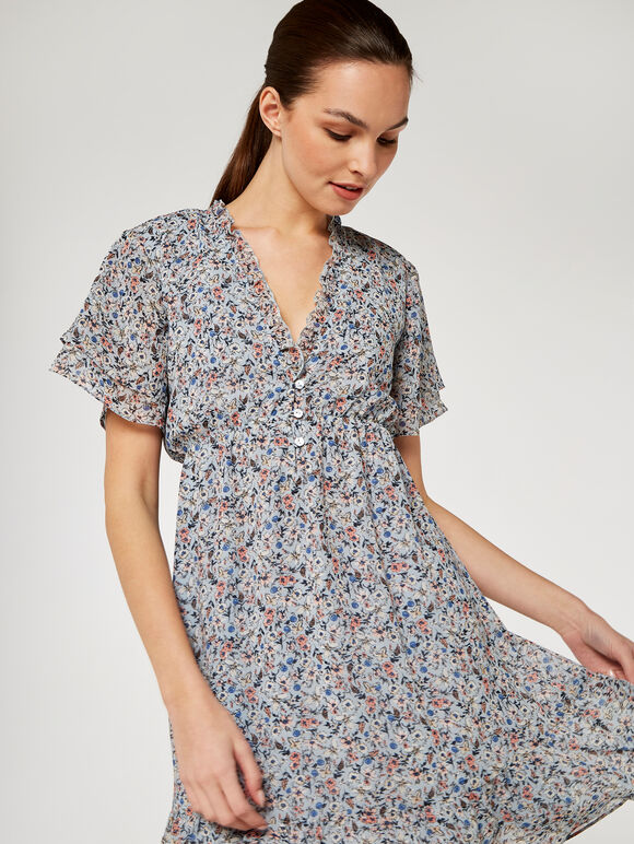 Floral Angel Sleeve Dress, Blue, large