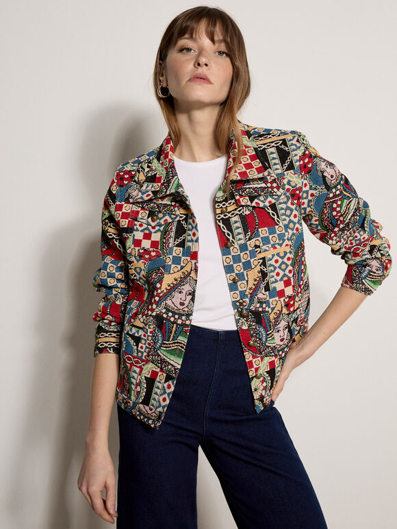 Colourful Card Tapestry Jacket, Navy, large