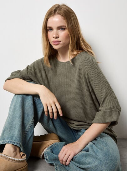 Soft-Touch Batwing Waffle Knit Top