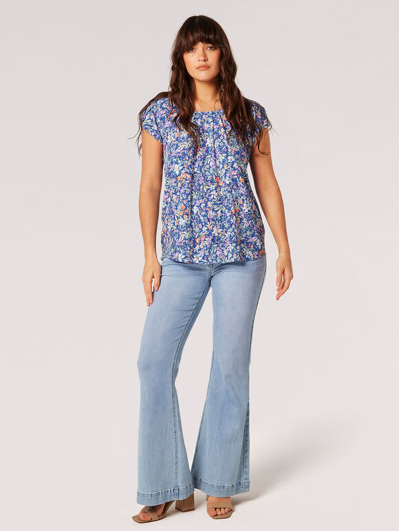 Ditsy Floral Print Top, Green, large