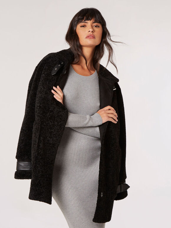 Tight Knit Borg Oversized Coat, Black, large