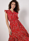 Floral Frill Wrap Midi Dress, Red, large