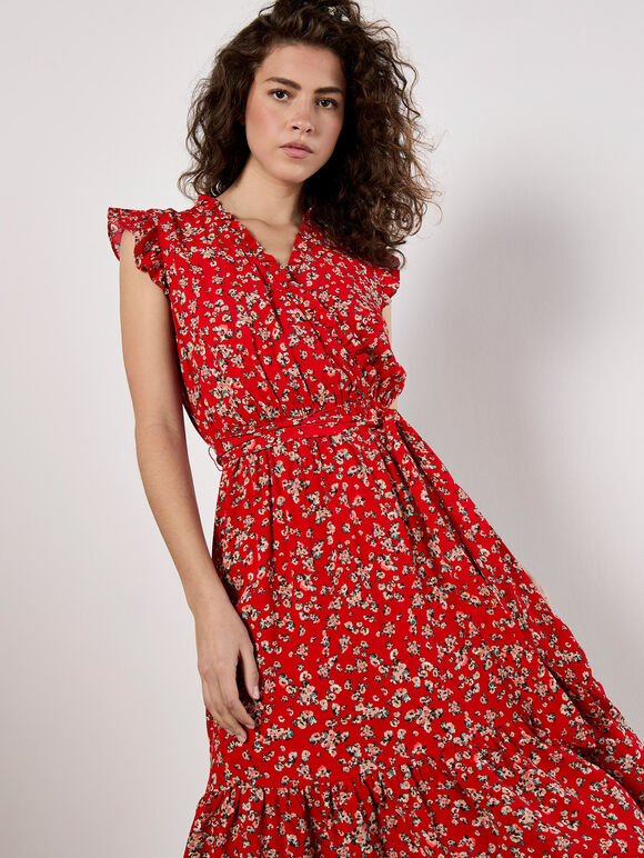 Floral Frill Wrap Midi Dress, Red, large