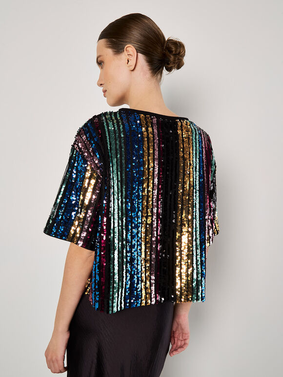 Rainbow Sequin Stripe Crop T-Shirt, Black, large