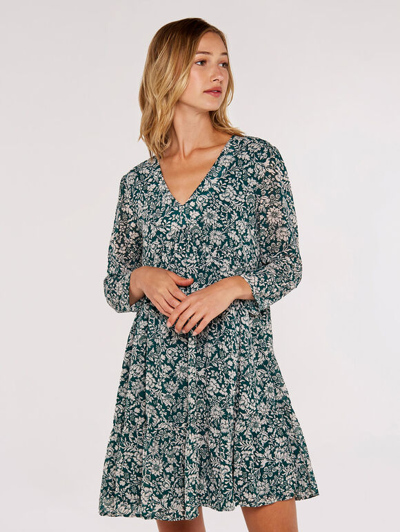 Floral Babydoll Mini Dress, Green, large