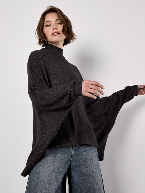 Mock Neck Oversized Soft Knit Top, Dark Grey - Charcoal, large