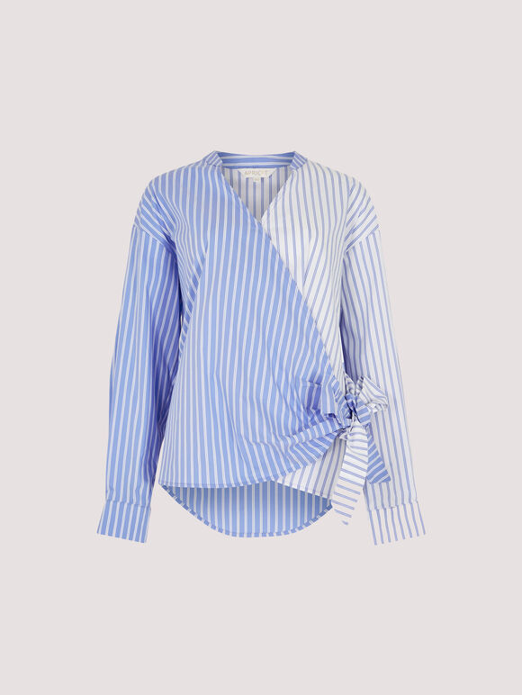 Contrast Stripe Wrap Shirt, Blue, large