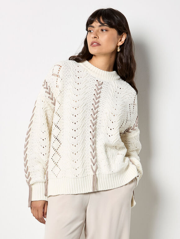 Pointelle Knit Lace Up Jumper, Cream, large