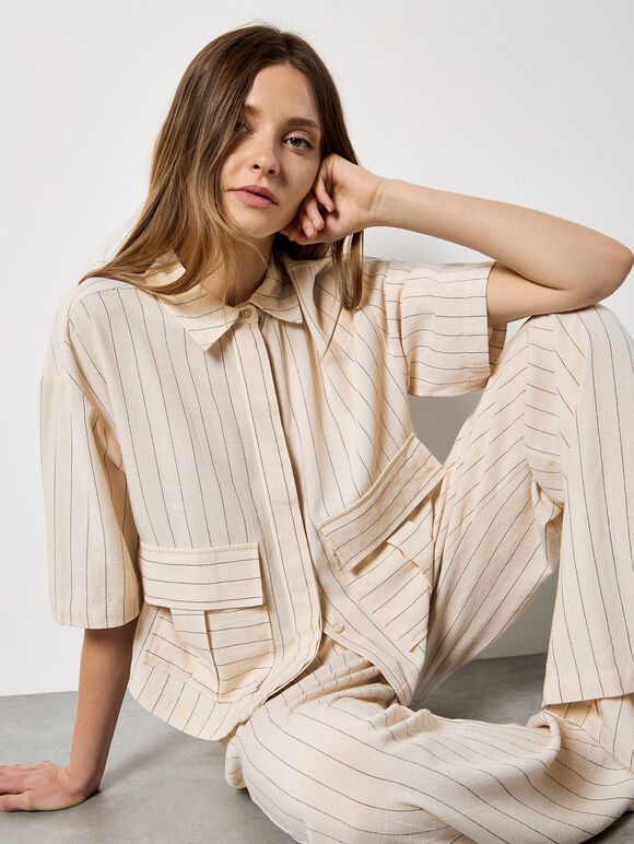 Pinstripe Linen Blend Shirt, Stone, large