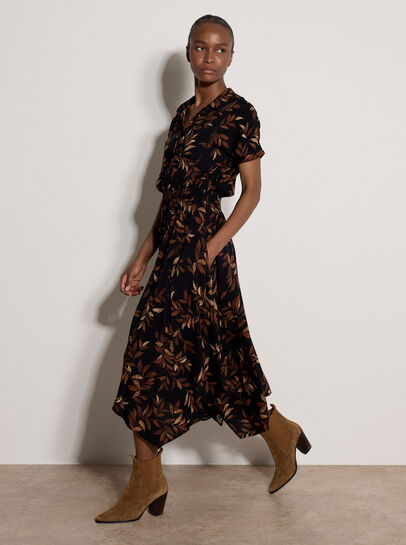 Leaf Print Shirt Midi Dress
