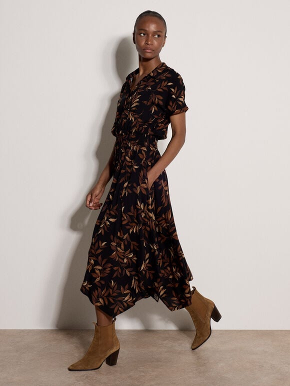 Leaf Print Shirt Midi Dress, Rust, large