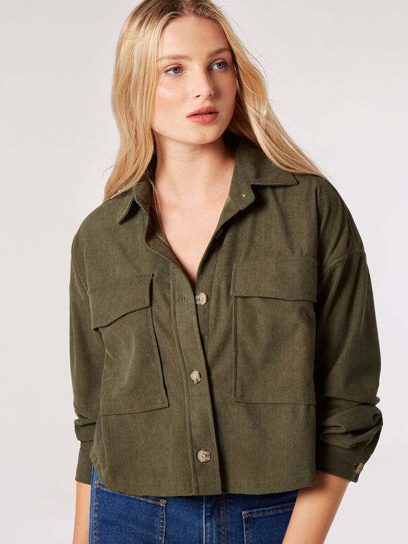 Cropped Corduroy Shacket, Khaki, large