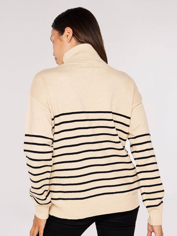 Striped Roll Neck Jumper, Stone, large